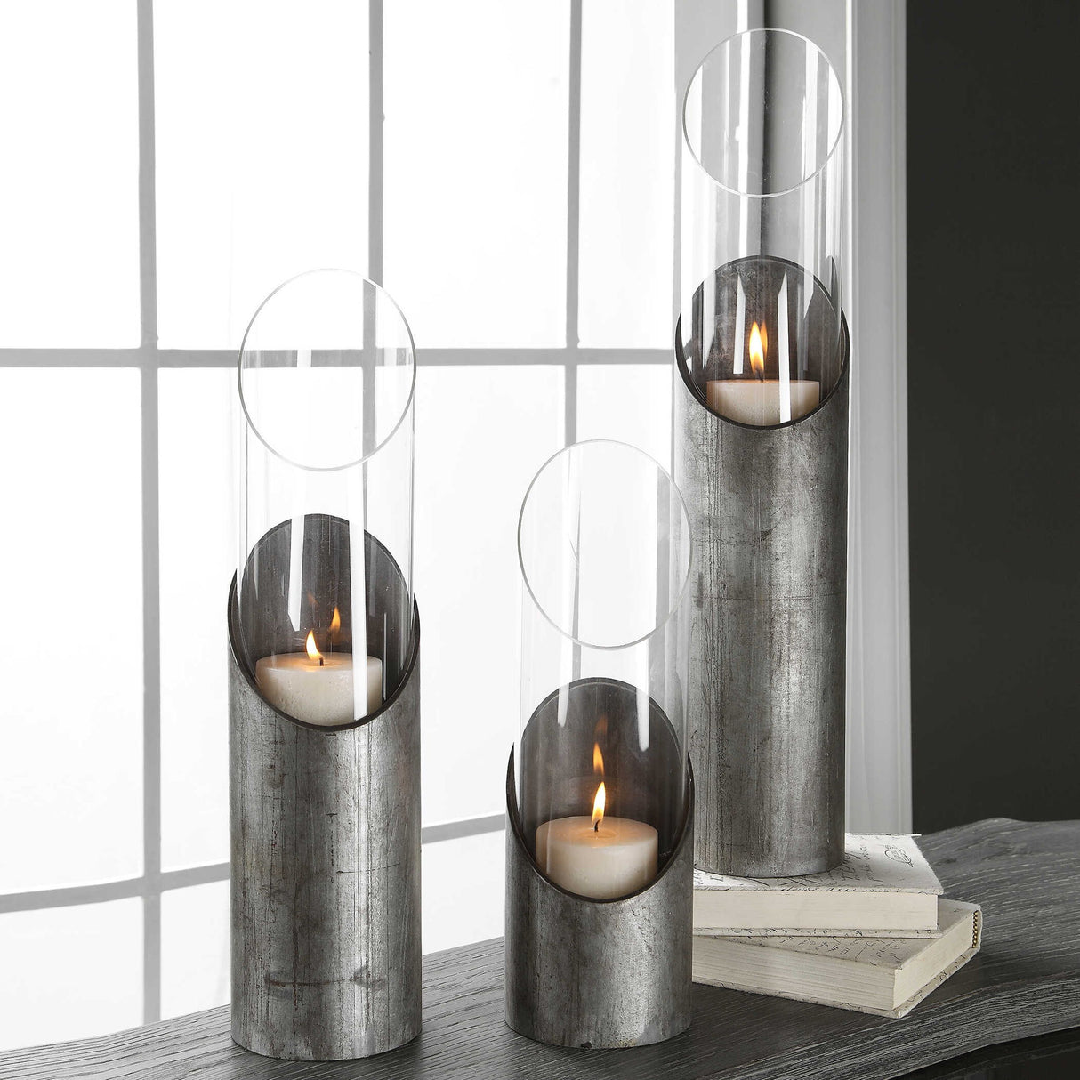 Karter - Iron & Glass Candleholders Set Of 3 - Pearl Silver & Gray, Dark