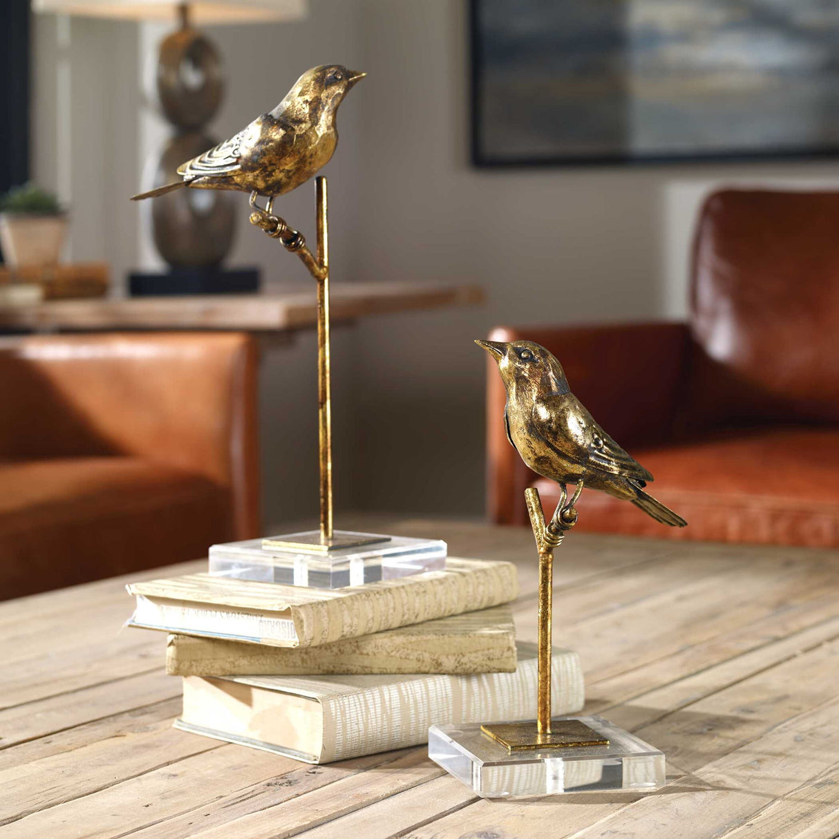 Passerines - Bird Sculptures, Set Of 2 - Light Brown