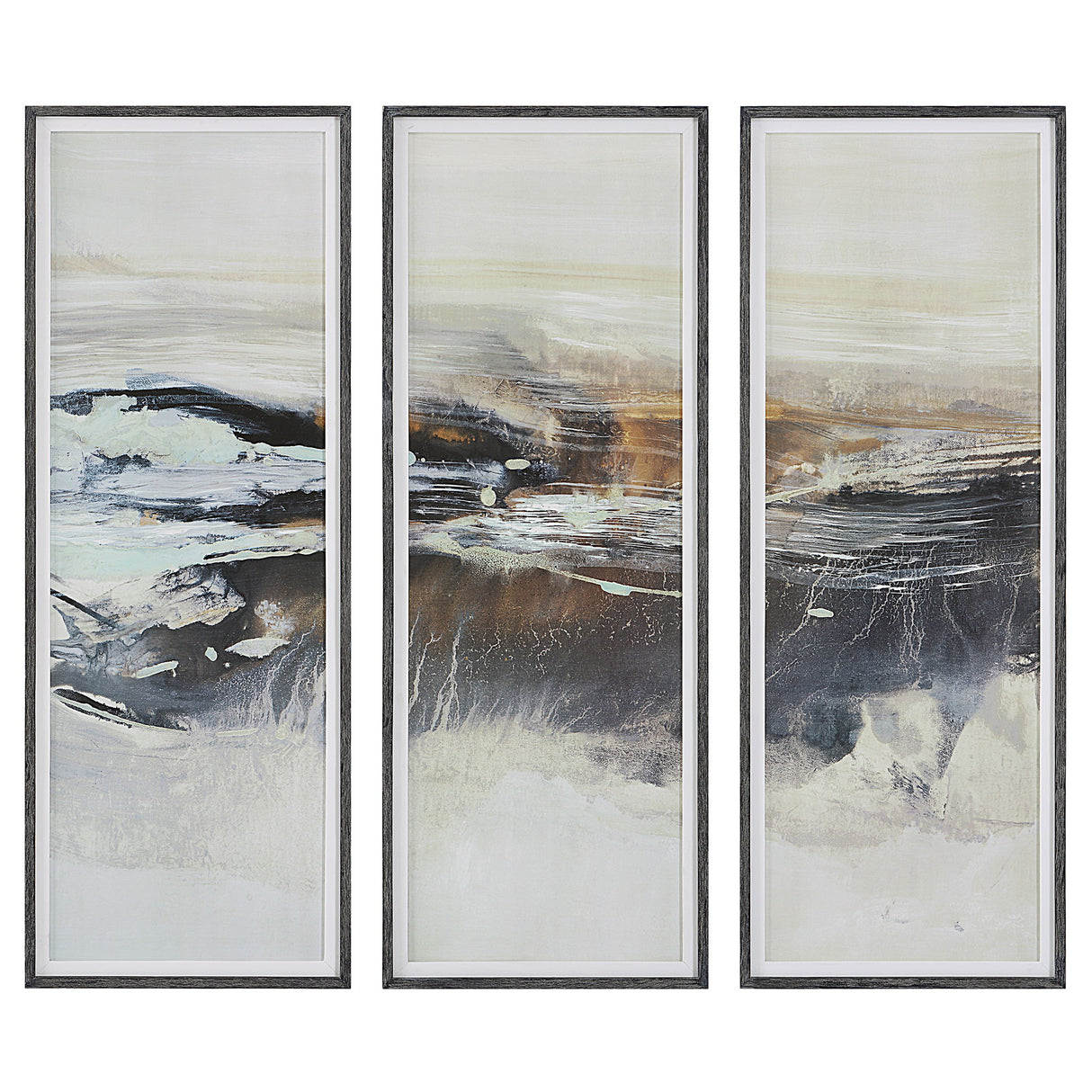Graphite - Horizon Framed Prints, Set Of 3 - Pearl Silver