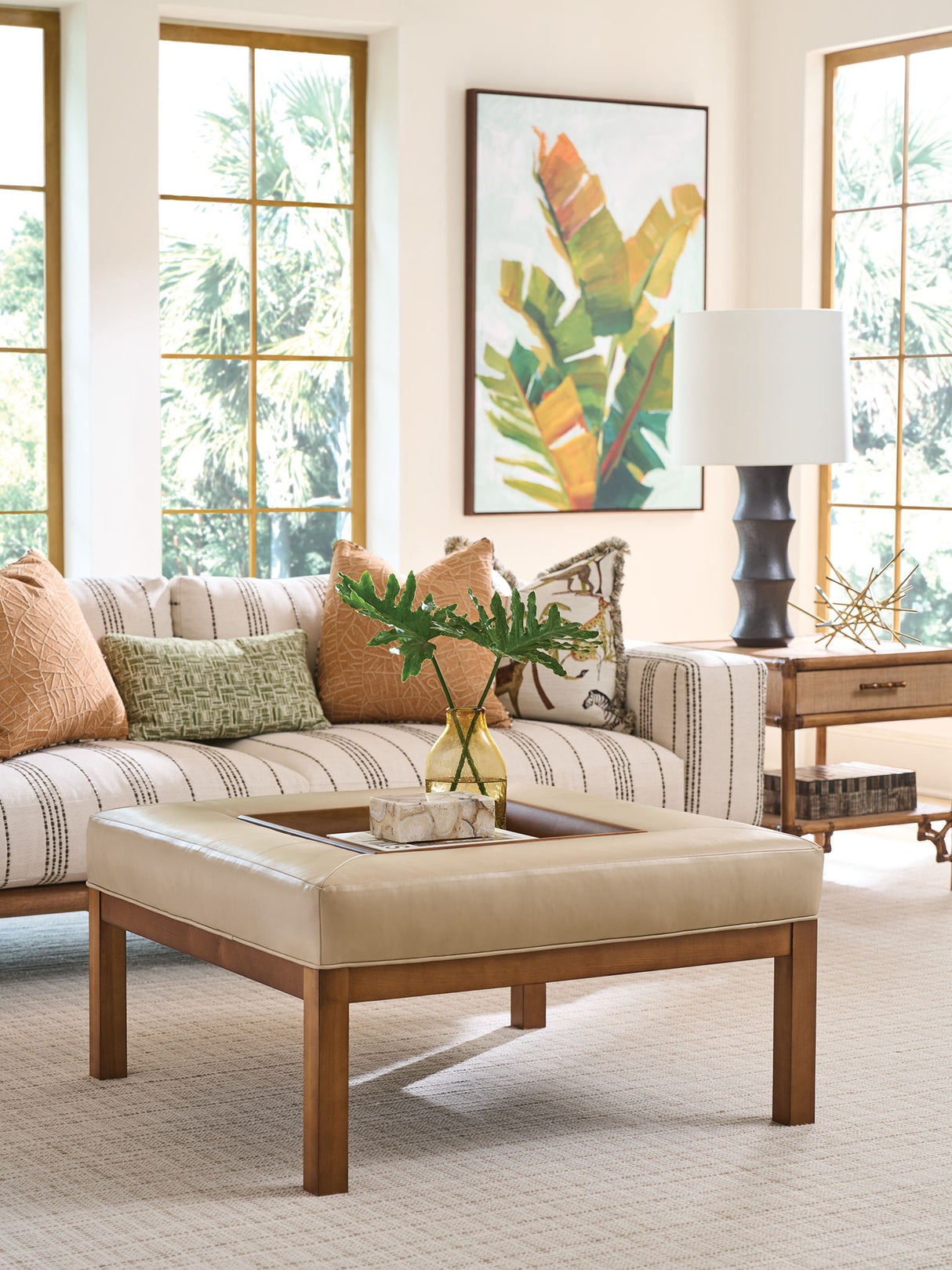 Lexington Leather - Crandon Park Leather Ottoman - Light Brown / Dark Brown