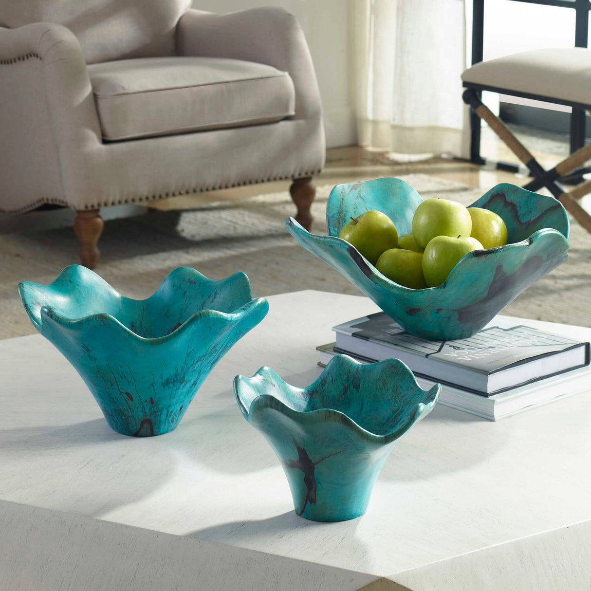 Teo - Wood Wall Art, Set Of 3 - Blue, Light