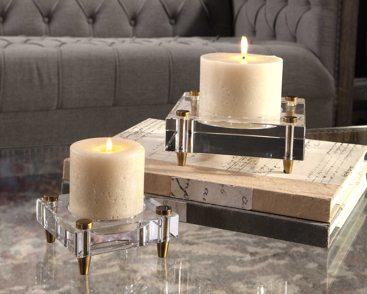 Claire - Crystal Block Candleholders, Set Of 2 - Beige
