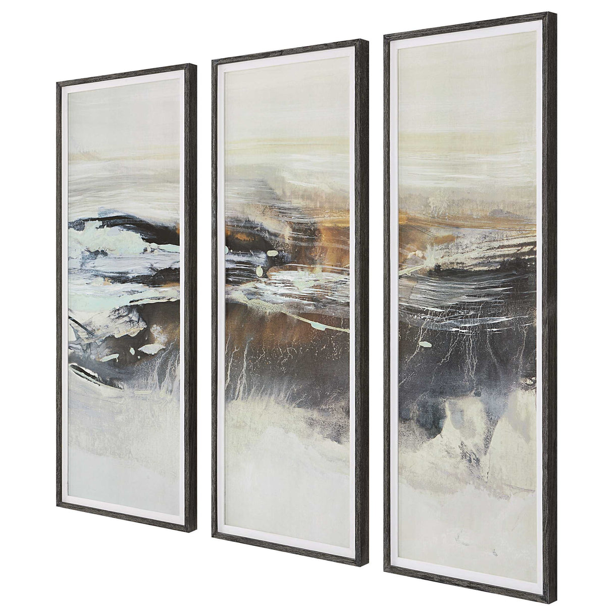 Graphite - Horizon Framed Prints, Set Of 3 - Pearl Silver