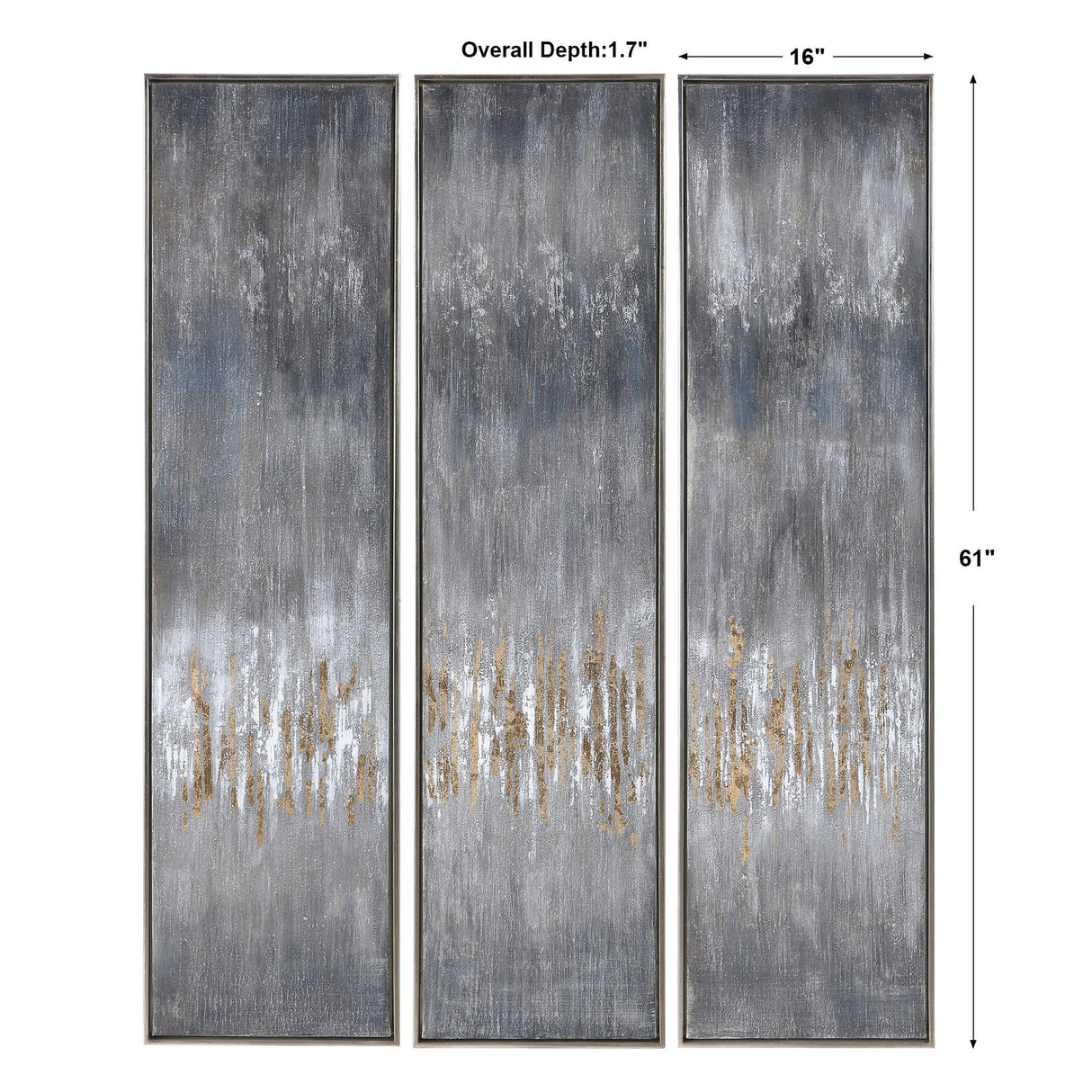 Gray Showers - Hand Painted Canvases, Set Of 3 - Gray, Dark
