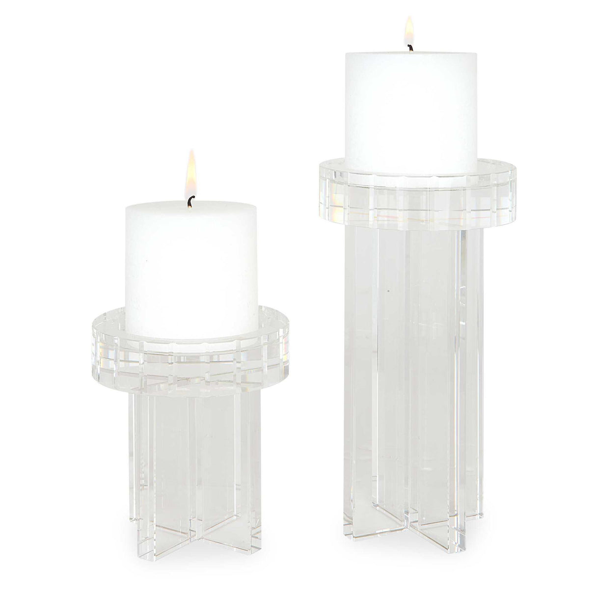 Crystal - Pillar Candleholders, Set Of 2 - Silver