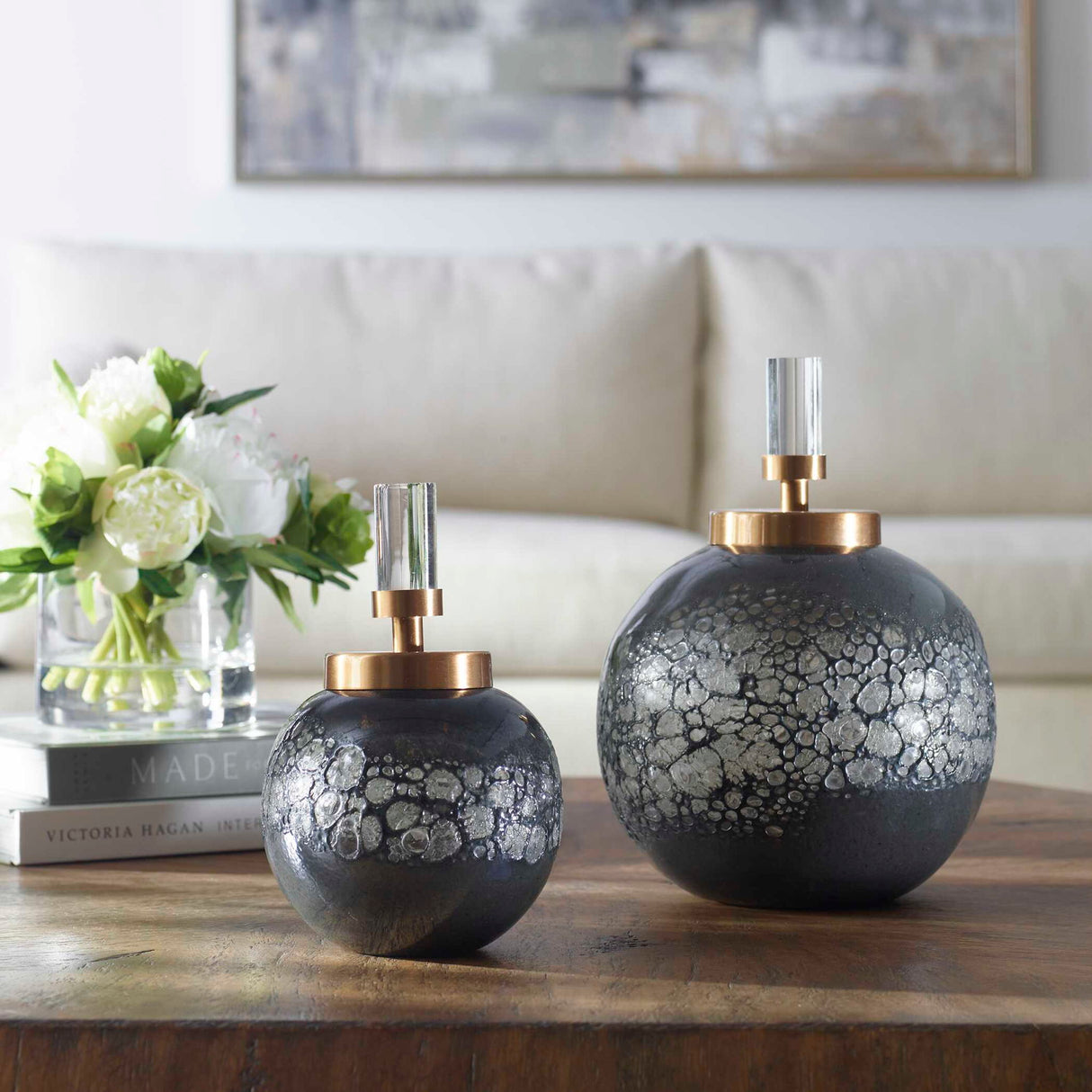 Cessair - Art Glass Bottles, Set Of 2 - Gray, Dark