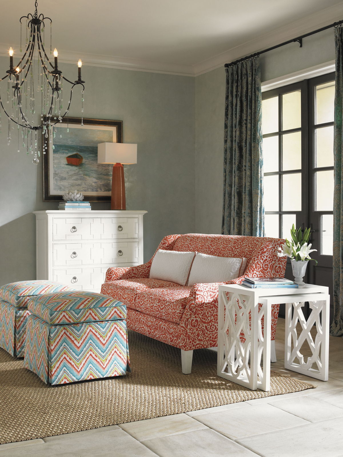 Ivory Key - Half Moon Caye Ottoman - Blue / Orange