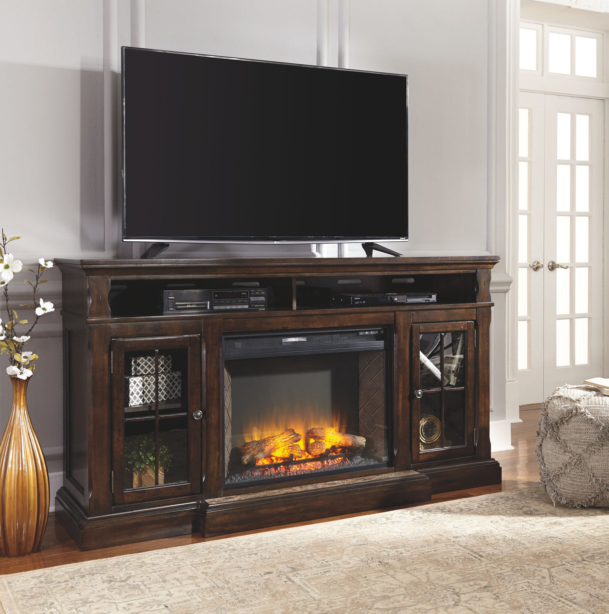 Roddinton - XL TV Stand w/Fireplace Option - Dark Brown