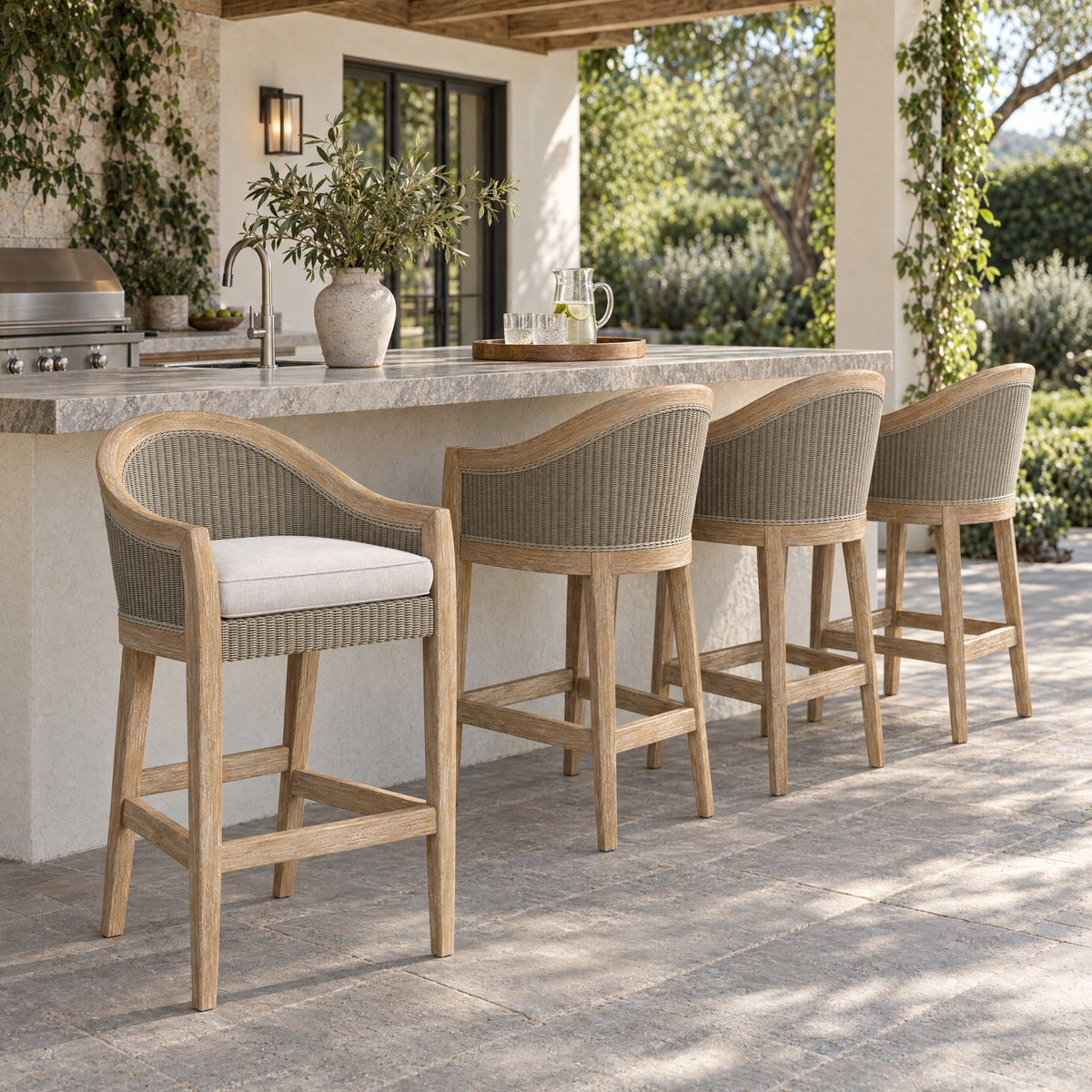 Cambria - Barstool In Canvas With Selt Welt - Coastal Teak / Latte Wicker