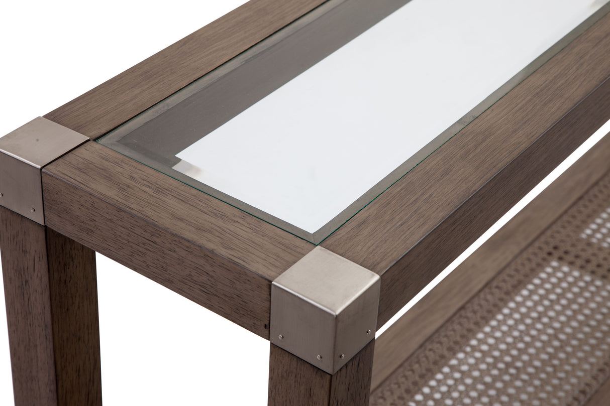 Calum - Console Table - Driftwood Gray / Cane / Brushed Nickel