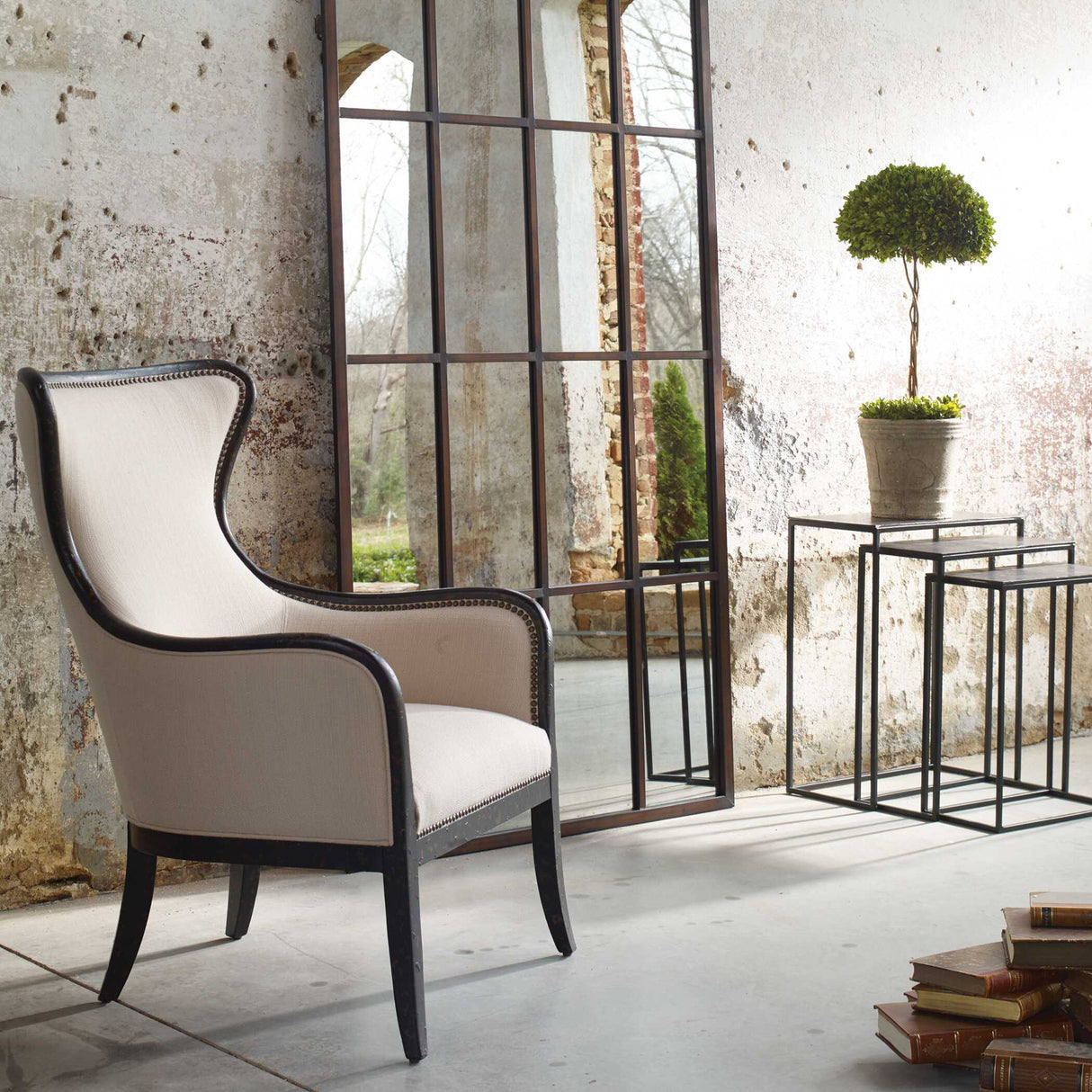 Sandy - Wing Back Armchair - Beige & Brown, Dark