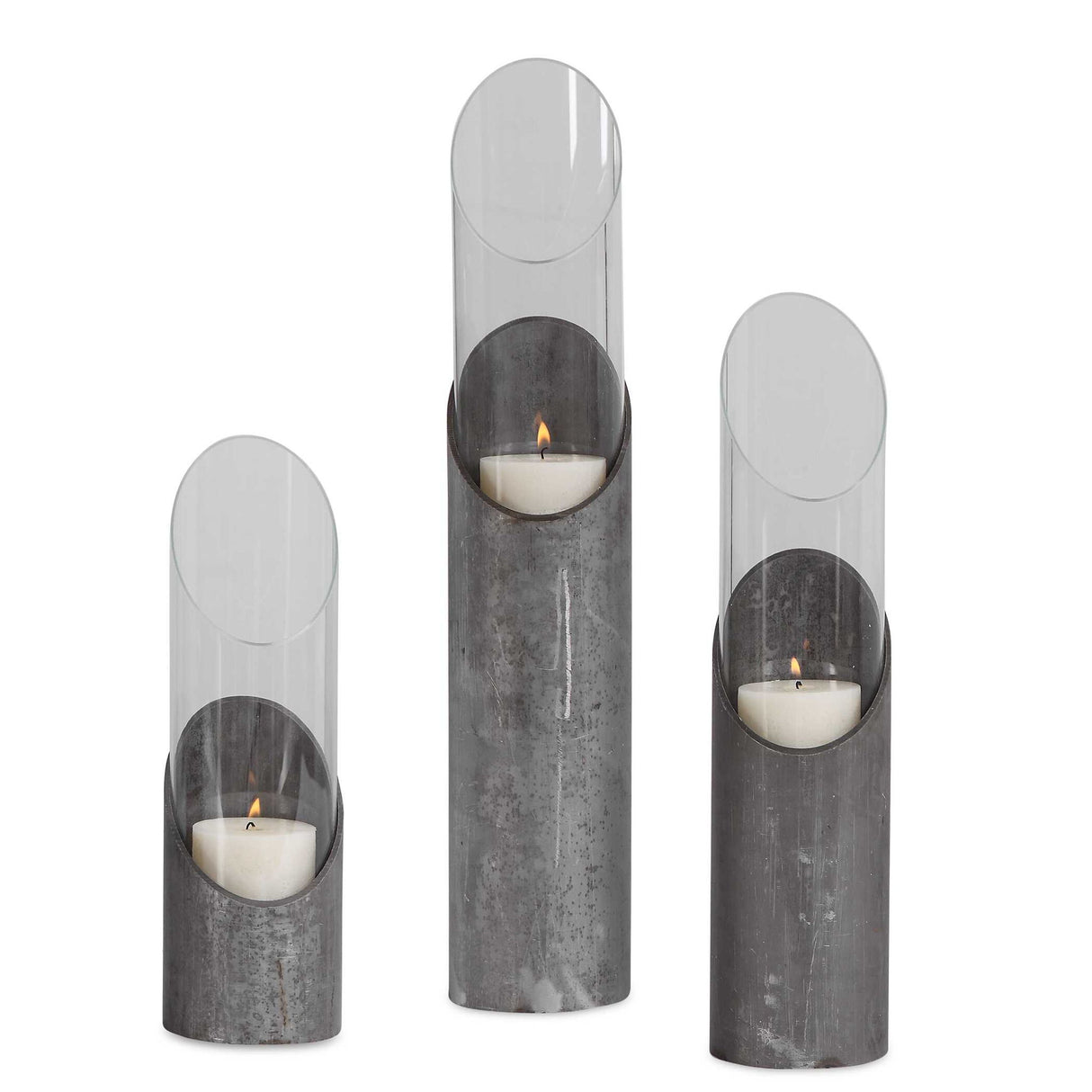 Karter - Iron & Glass Candleholders Set Of 3 - Pearl Silver & Gray, Dark