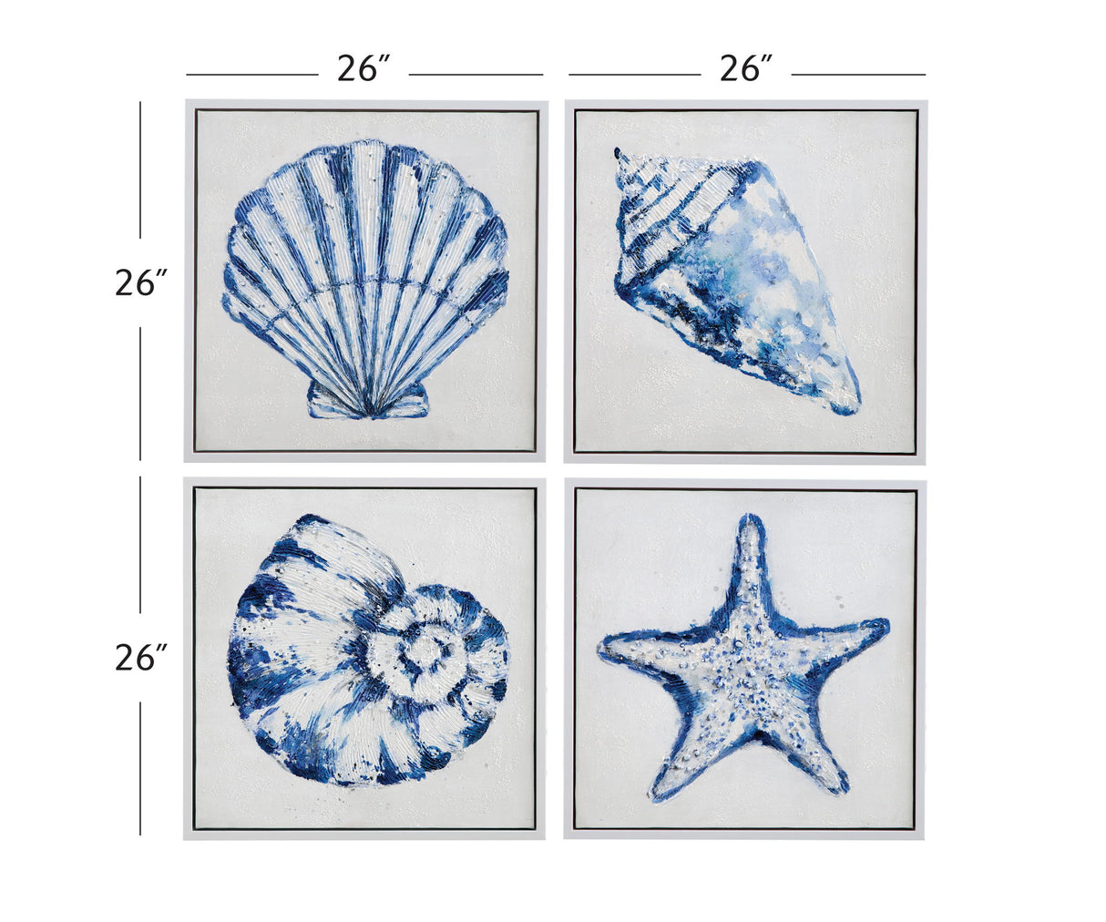 Shells Framed Canvas (Set of 4) - Blue / White