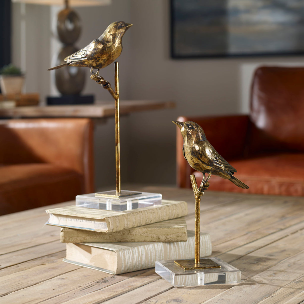 Passerines - Bird Sculptures, Set Of 2 - Light Brown