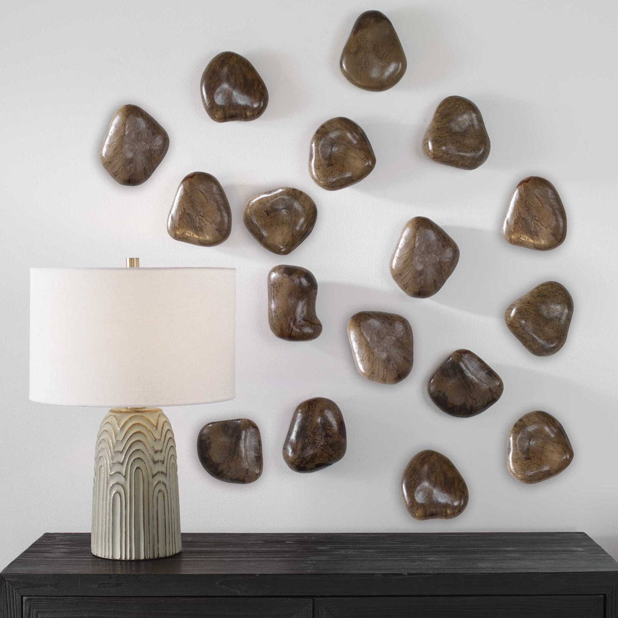 Pebbles - Walnut Wood Wall Décor, Set Of 9 - Brown, Dark