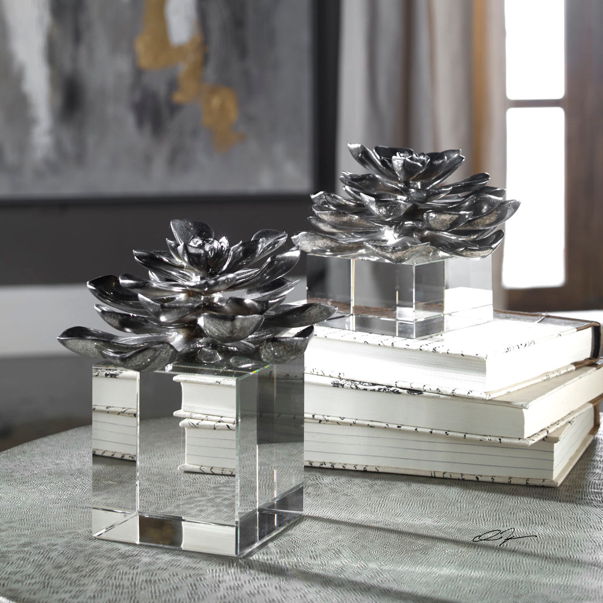 Indian Lotus - Metallic Flowers, Set Of 2 - Silver