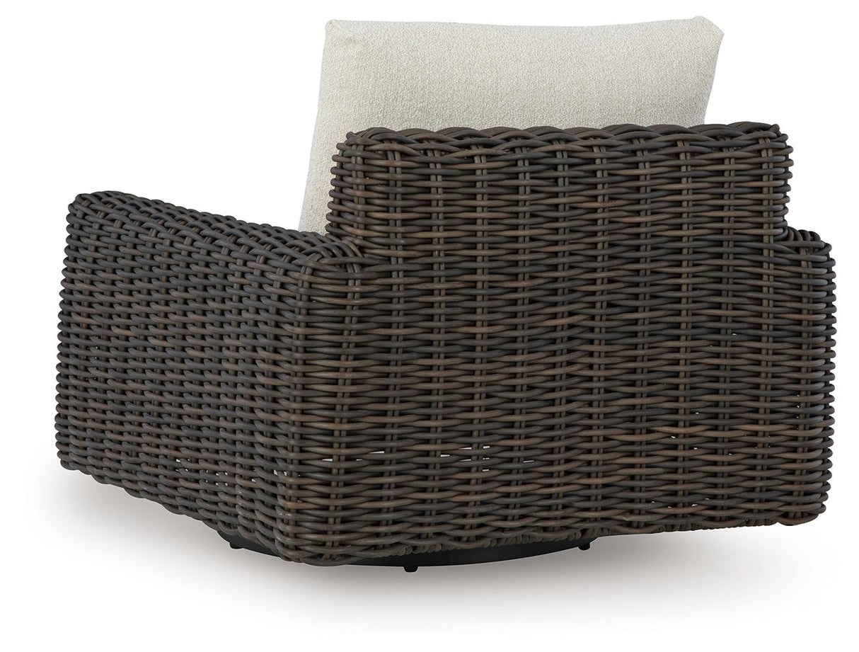 Kimora - 7 Pc. - 4-Piece Outdoor Sectional, Swivel Glider Lounge, Cocktail Table, End Table - Beige / Dark Brown