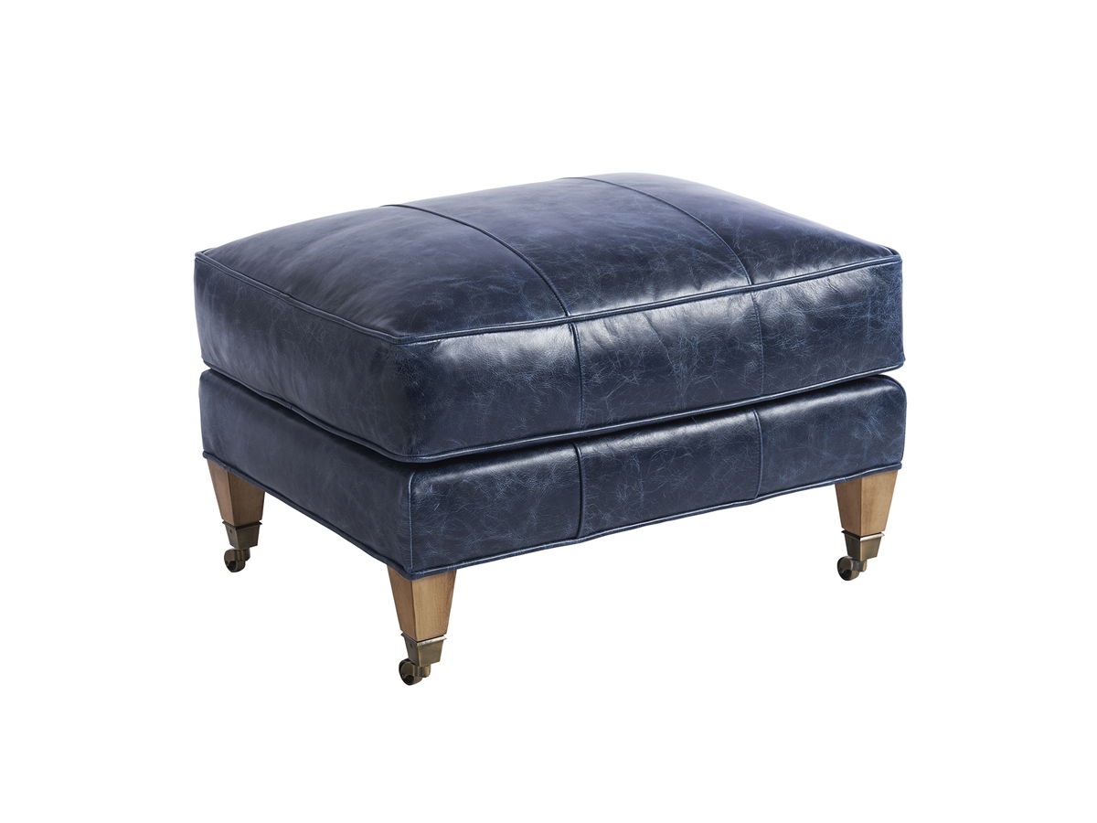 Barclay Butera Upholstery - Sydney Leather Ottoman With Brass Caster - Blue