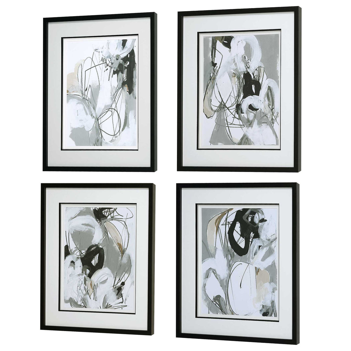 Tangled Threads - Abstract Framed Prints, Set Of 4 - Pearl Silver