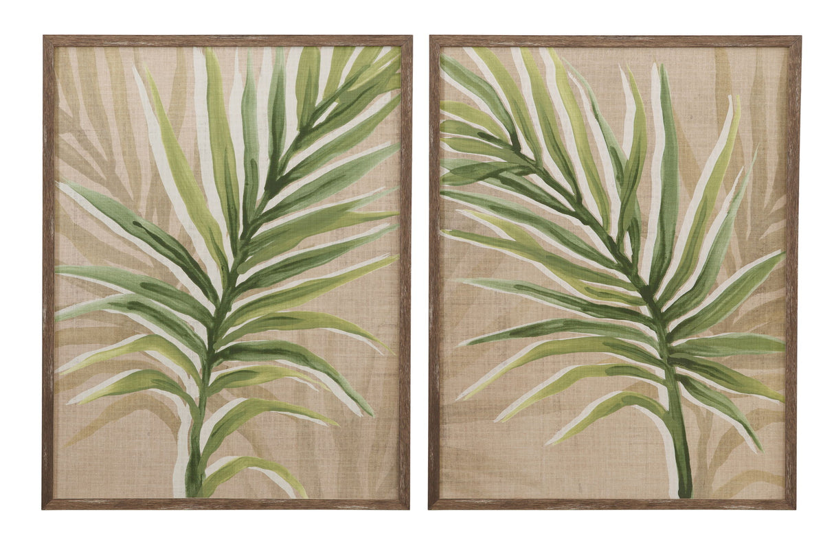 Burlap Palm Frond Framed Print (Set of 2) - Light Brown / Green