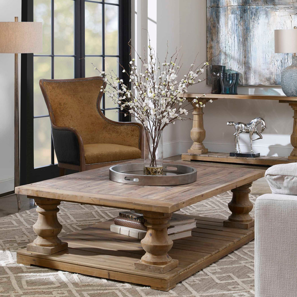 Quince Blossoms Silk Centerpiece - Plant In A Clear Glass Vase - Brown, Dark