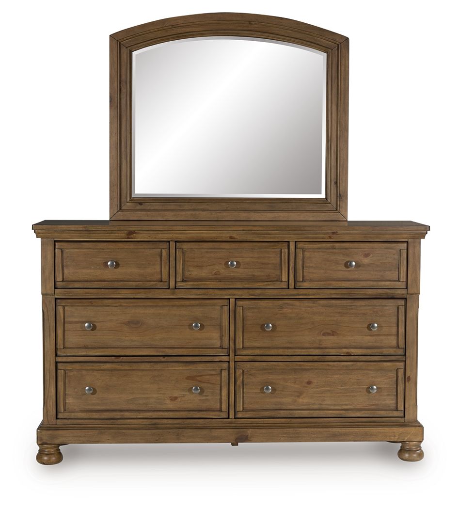 Feddinger - 3 Pc. - Queen Sleigh Storage Bed, Dresser And Mirror - Medium Brown