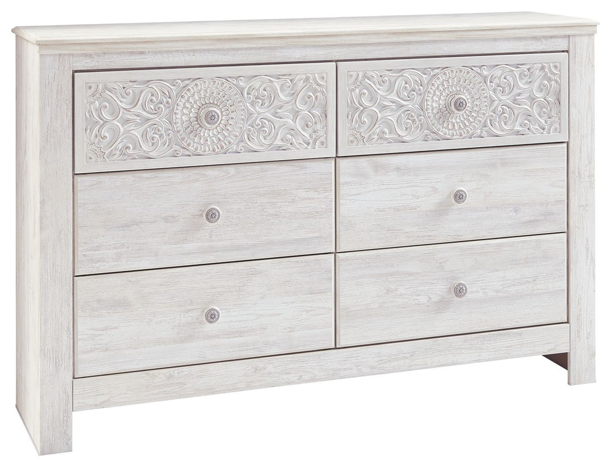 Paxberry - Dresser, Mirror - Medallion Drawer Pulls - Whitewash