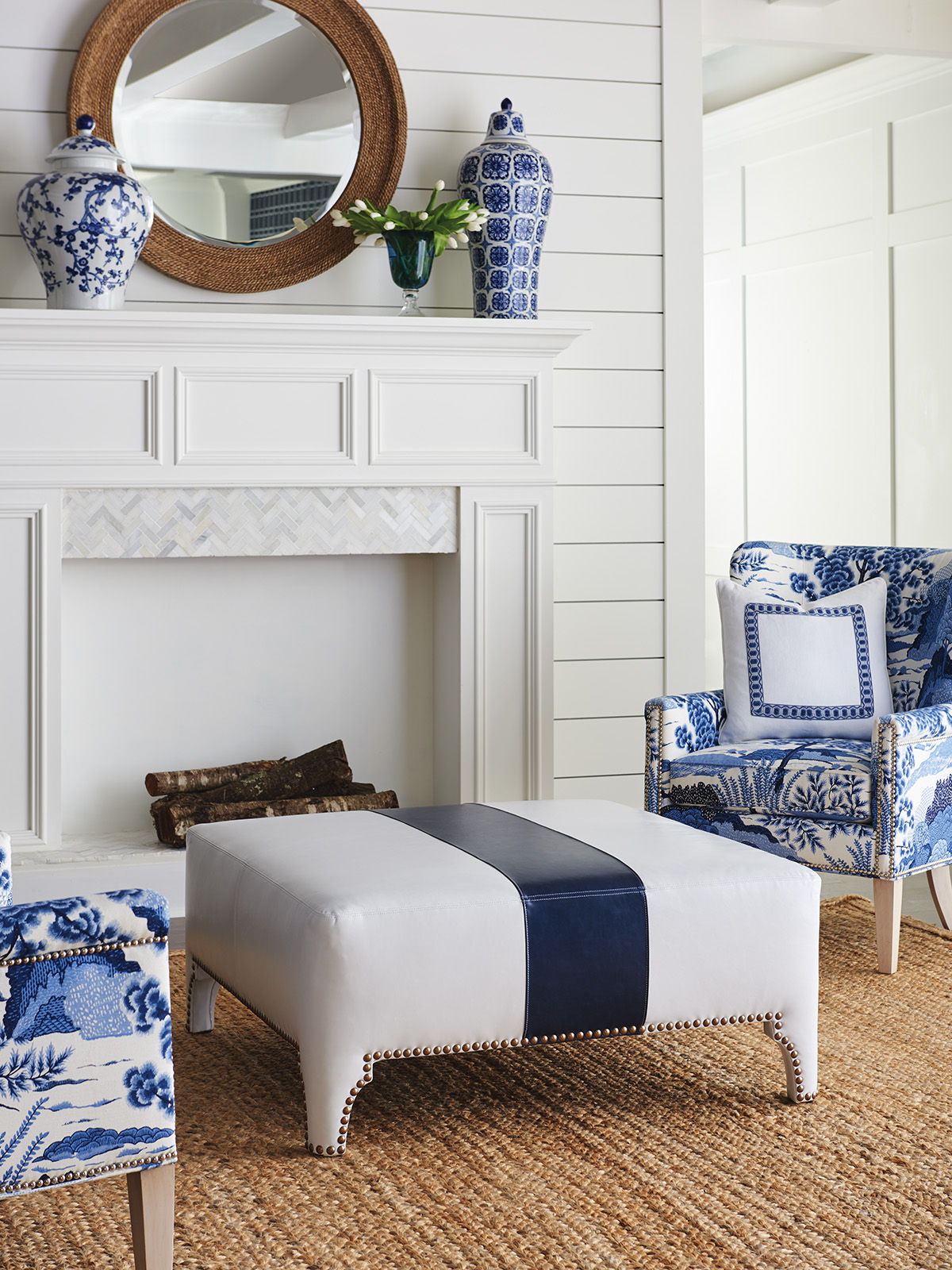 Barclay Butera Upholstery - Sheffield Leather Cocktail Ottoman - Blue