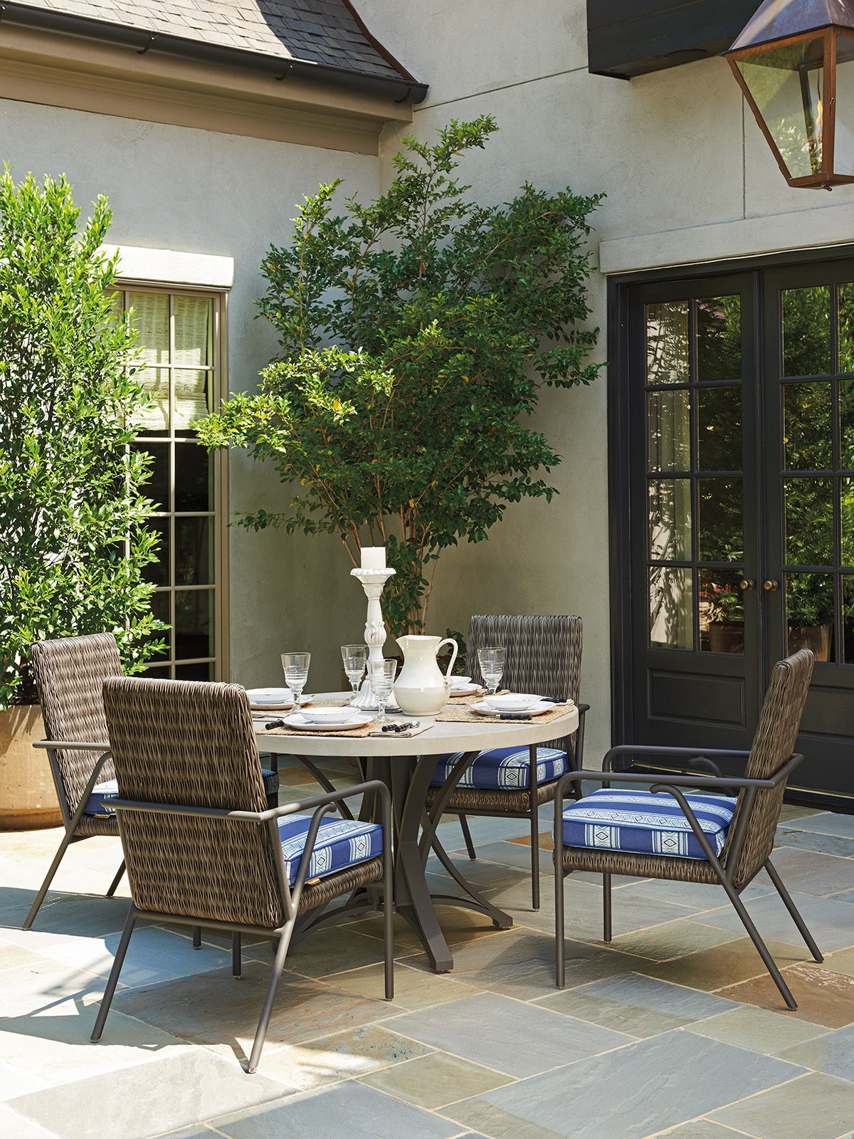 Cypress Point Ocean Terrace - Wicker Dining Table With Weatherstone Top - Dark Gray / Beige