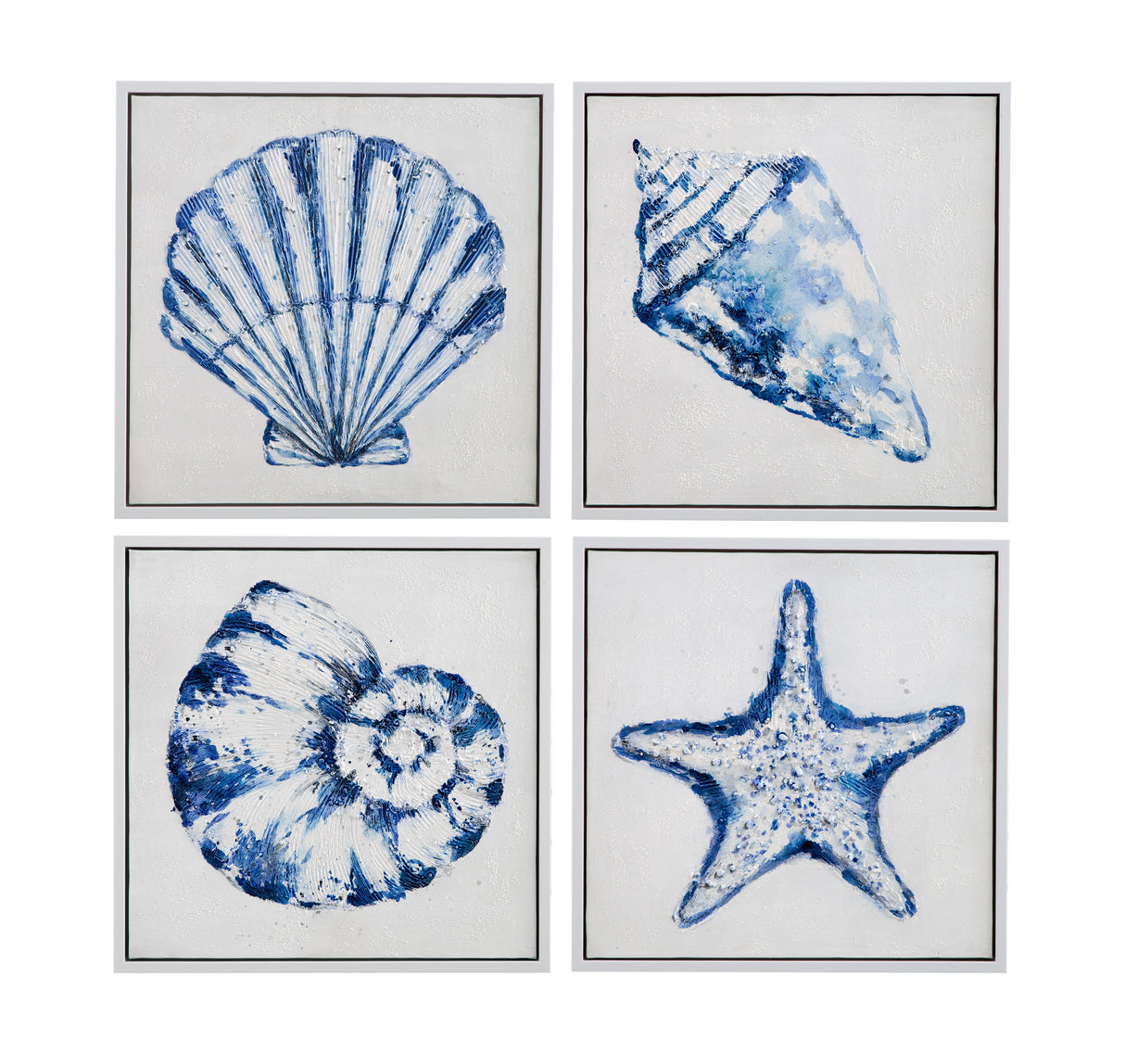 Shells Framed Canvas (Set of 4) - Blue / White