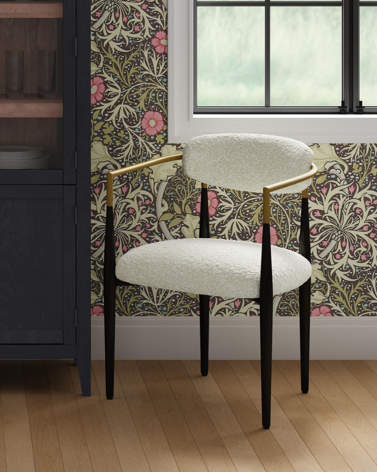 Jenson - White Dining Chair - Semi-Gloss Black /Brushed Gold / Ivory Boucle