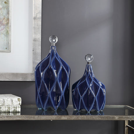 Klara - Geometric Bottles, Set Of 2 - Blue