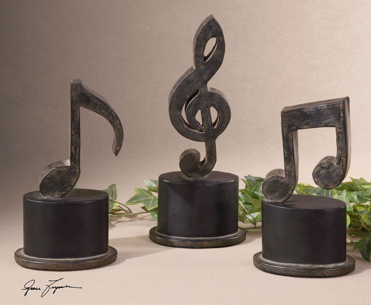 Music Notes - Metal Figurines, Set Of 3 - Black