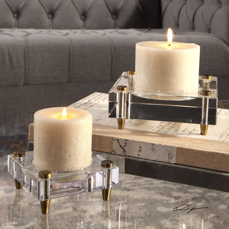 Claire - Crystal Block Candleholders, Set Of 2 - Beige
