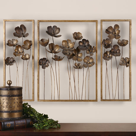 Metal Tulips - Wall Art Set Of 3 - Brown, Dark