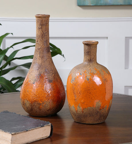Kadam - Ceramic Vases, Set Of 2 - Light Brown & Orange