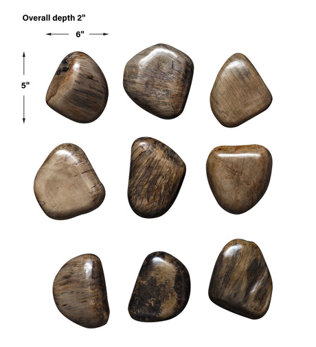 Pebbles - Walnut Wood Wall Décor, Set Of 9 - Brown, Dark