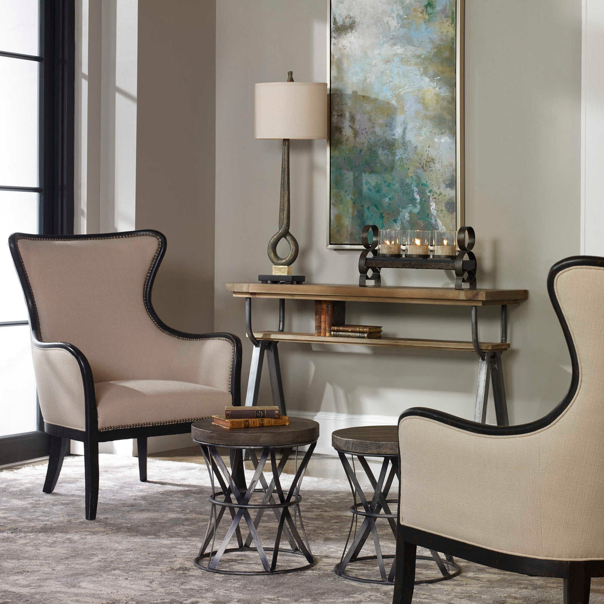 Sandy - Wing Back Armchair - Beige & Brown, Dark