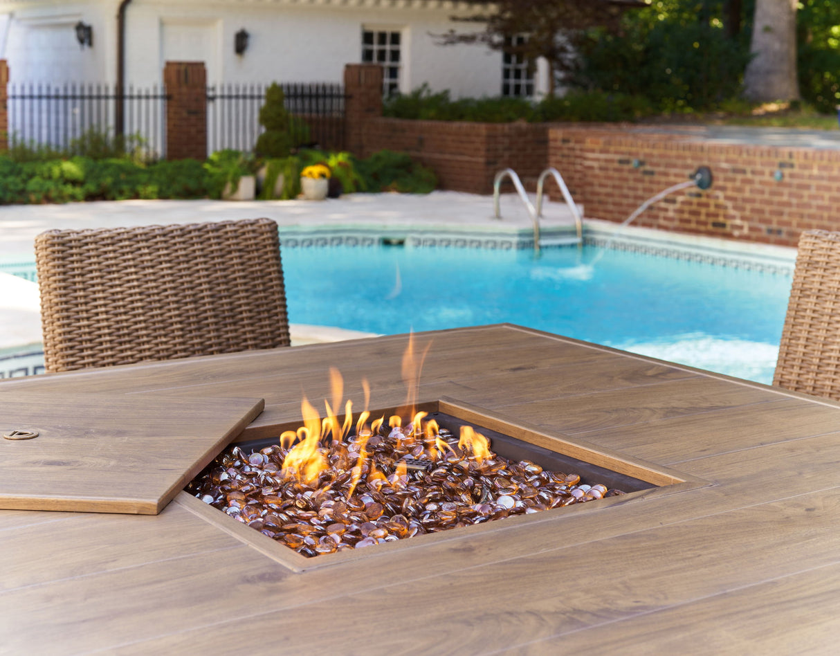Walton Bridge - 5 Pc. - Square Bar Table W/Fire Pit, 4 Barstools - Driftwood