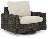 Kimora - 7 Pc. - 4-Piece Outdoor Sectional, Swivel Glider Lounge, Cocktail Table, End Table - Beige / Dark Brown