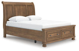 Feddinger - 3 Pc. - Queen Sleigh Storage Bed, Dresser And Mirror - Medium Brown