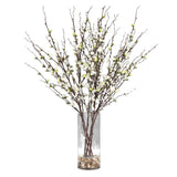 Quince Blossoms Silk Centerpiece - Plant In A Clear Glass Vase - Brown, Dark