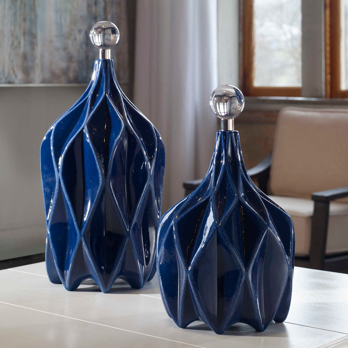 Klara - Geometric Bottles, Set Of 2 - Blue