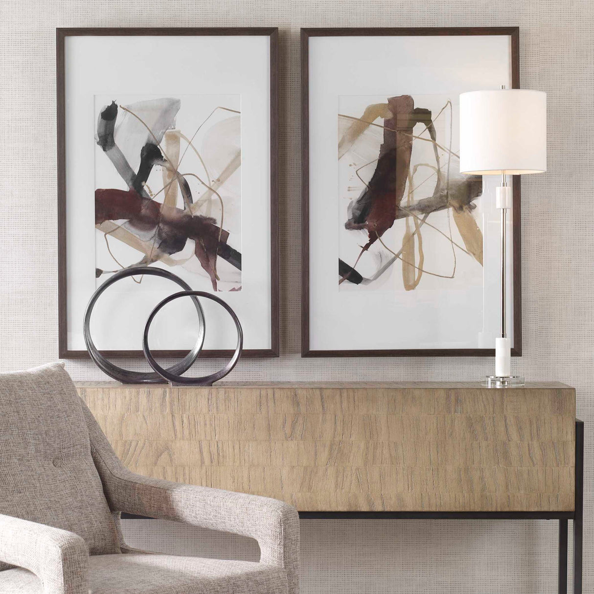 Burgundy Interjection - Abstract Prints, Set Of 2 - Brown, Dark