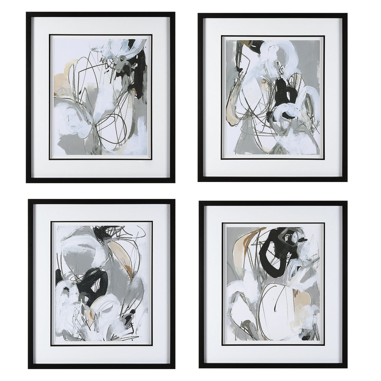 Tangled Threads - Abstract Framed Prints, Set Of 4 - Pearl Silver
