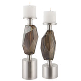 Ore - Candleholders, Set Of 2 - Brown, Dark & Pearl Silver