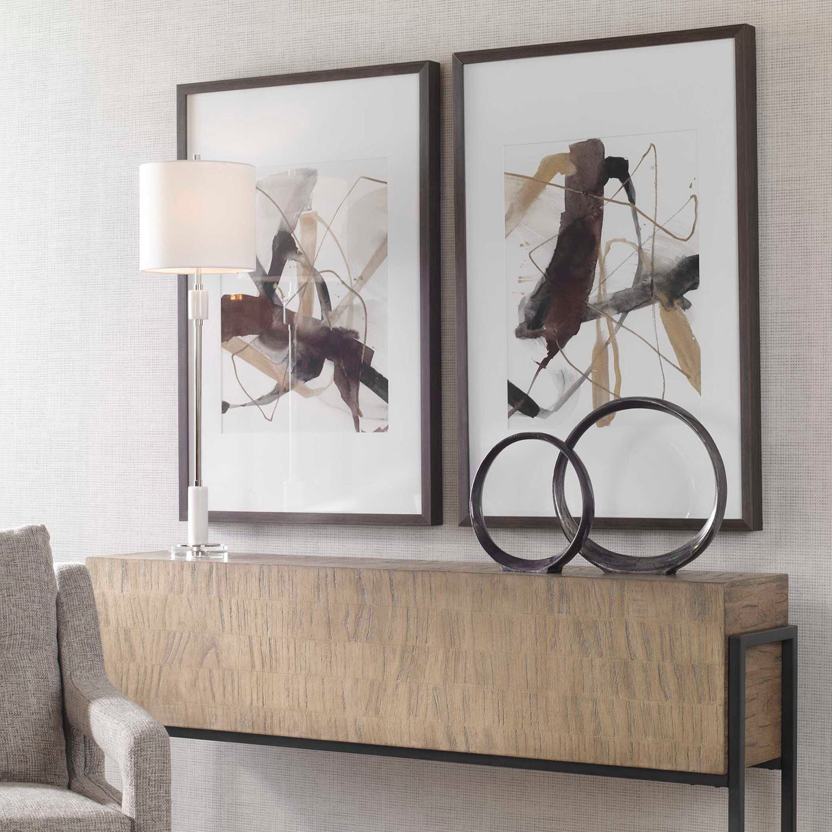 Burgundy Interjection - Abstract Prints, Set Of 2 - Brown, Dark