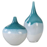 Carla - Vases, Set Of 2 - White & Teal