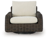 Kimora - 7 Pc. - 4-Piece Outdoor Sectional, Swivel Glider Lounge, Cocktail Table, End Table - Beige / Dark Brown