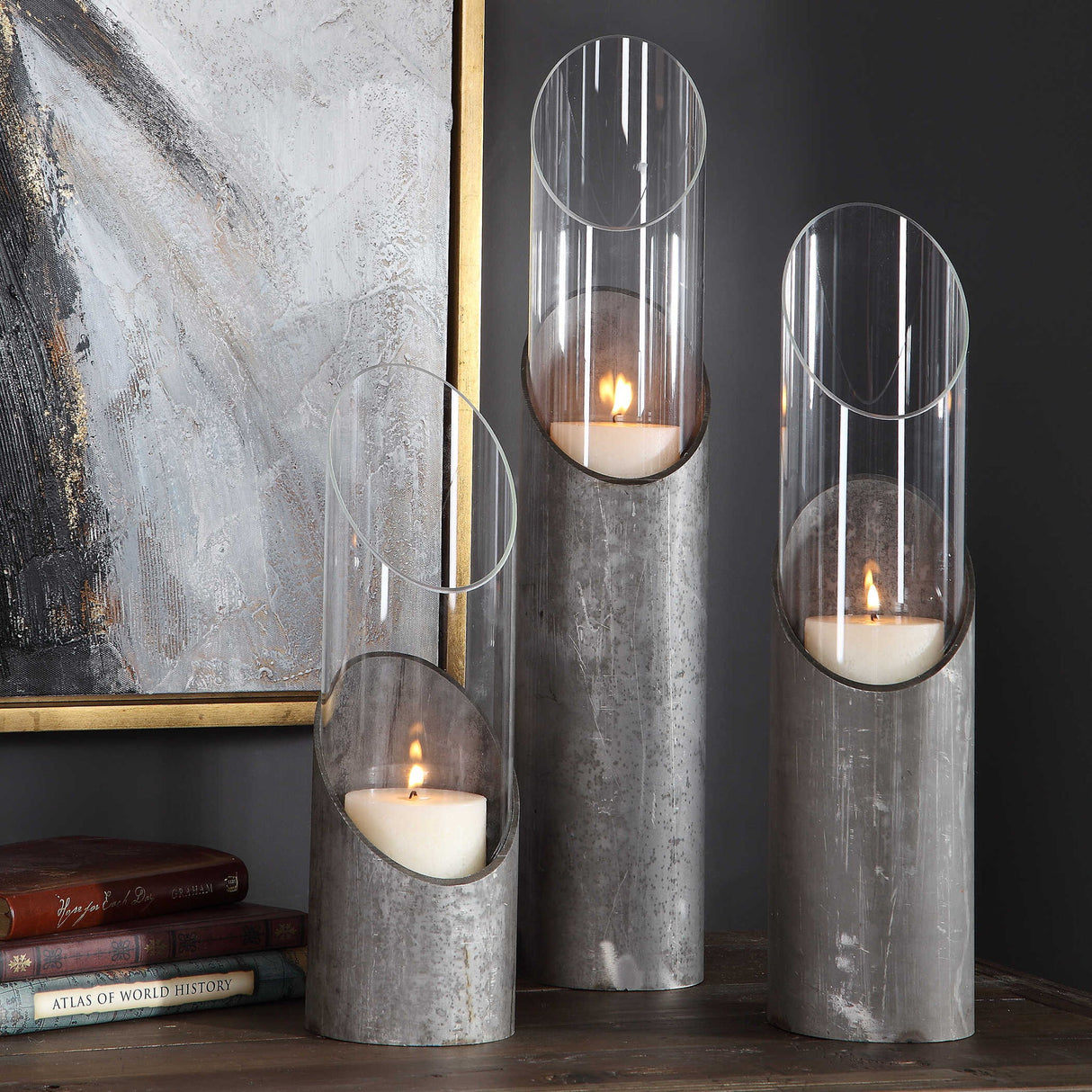 Karter - Iron & Glass Candleholders Set Of 3 - Pearl Silver & Gray, Dark